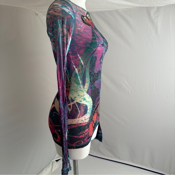 GO Jeans Los Angeles multicolor butterfly print burnout long sleeve t-shirt - Picture 2 of 10